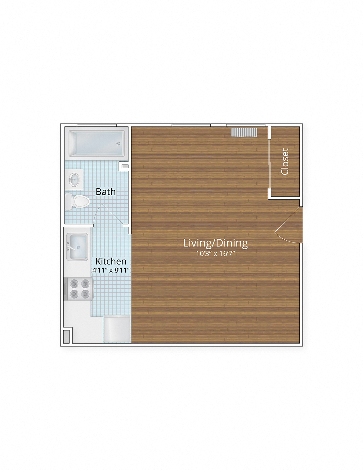 Floor plan for studio, 1 bath, 464 sqft